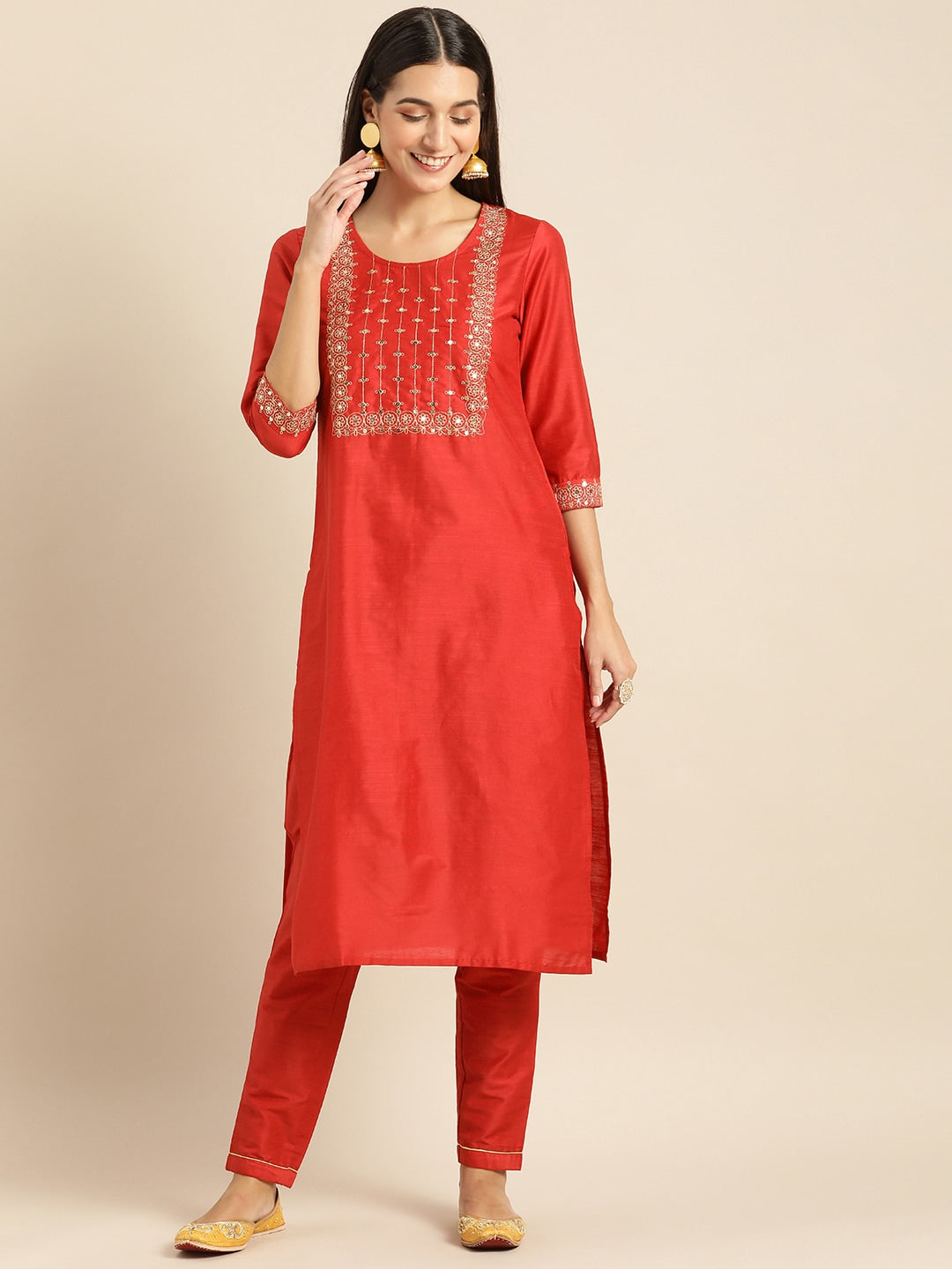 All About You Women Red Woven Design Kurta with Trousers - Distacart