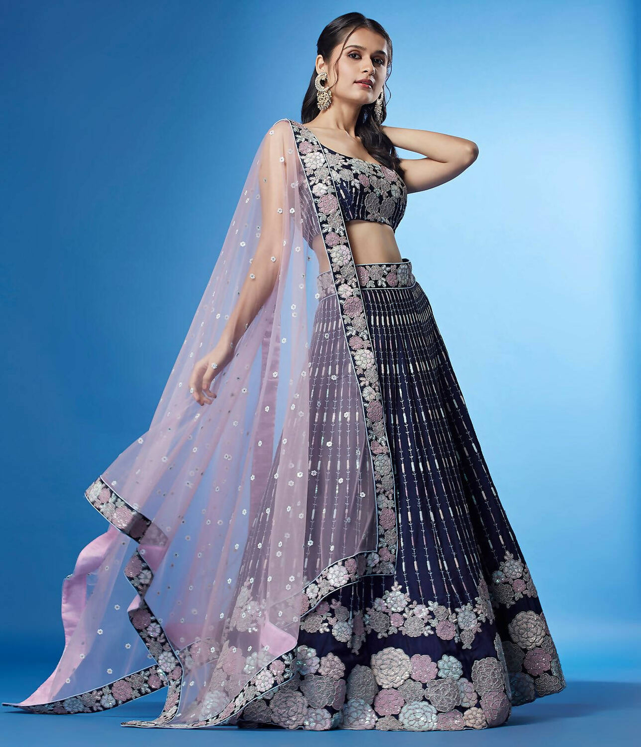 House of Panchhi Navy Blue Color Georgette Multi-Sequins Work Lehenga - Distacart