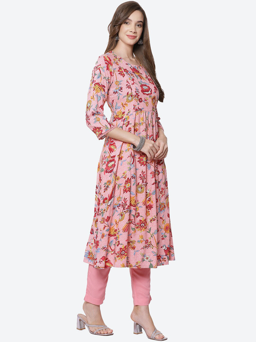 Biba Women Pink Floral Printed High Slit Kurta with Trousers & With Dupatta - Distacart