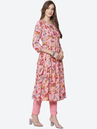 Thumbnail for Biba Women Pink Floral Printed High Slit Kurta with Trousers & With Dupatta - Distacart