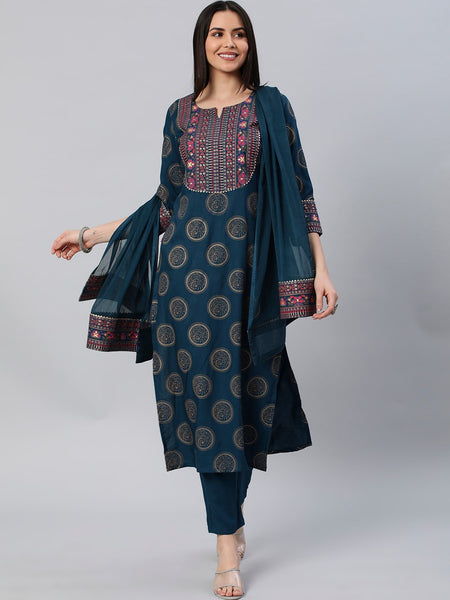 Kalini Ethnic Motifs Printed Straight Kurta with Trousers & Dupatta - Distacart