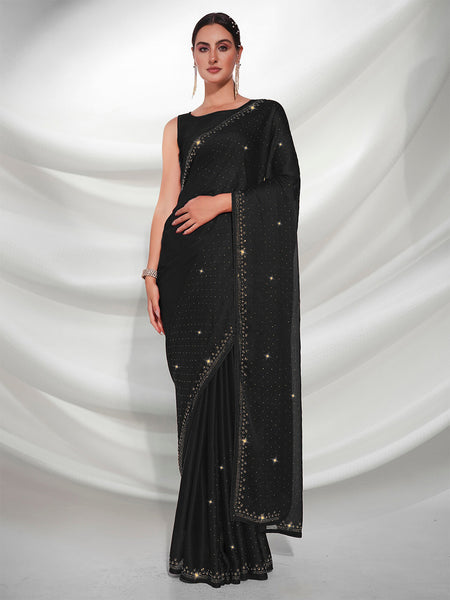 Mitera Black Embellished Beads and Stones Satin Saree - Distacart