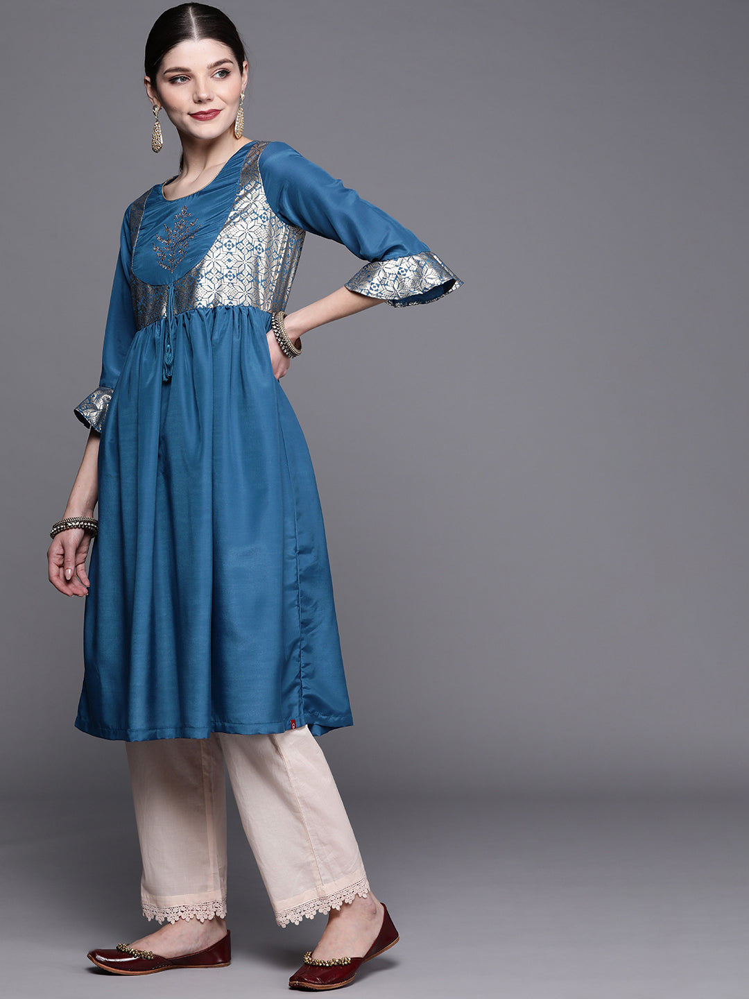 Biba Women Teal Blue And Golden Ethnic Motifs Yoke Design A Line Kurta