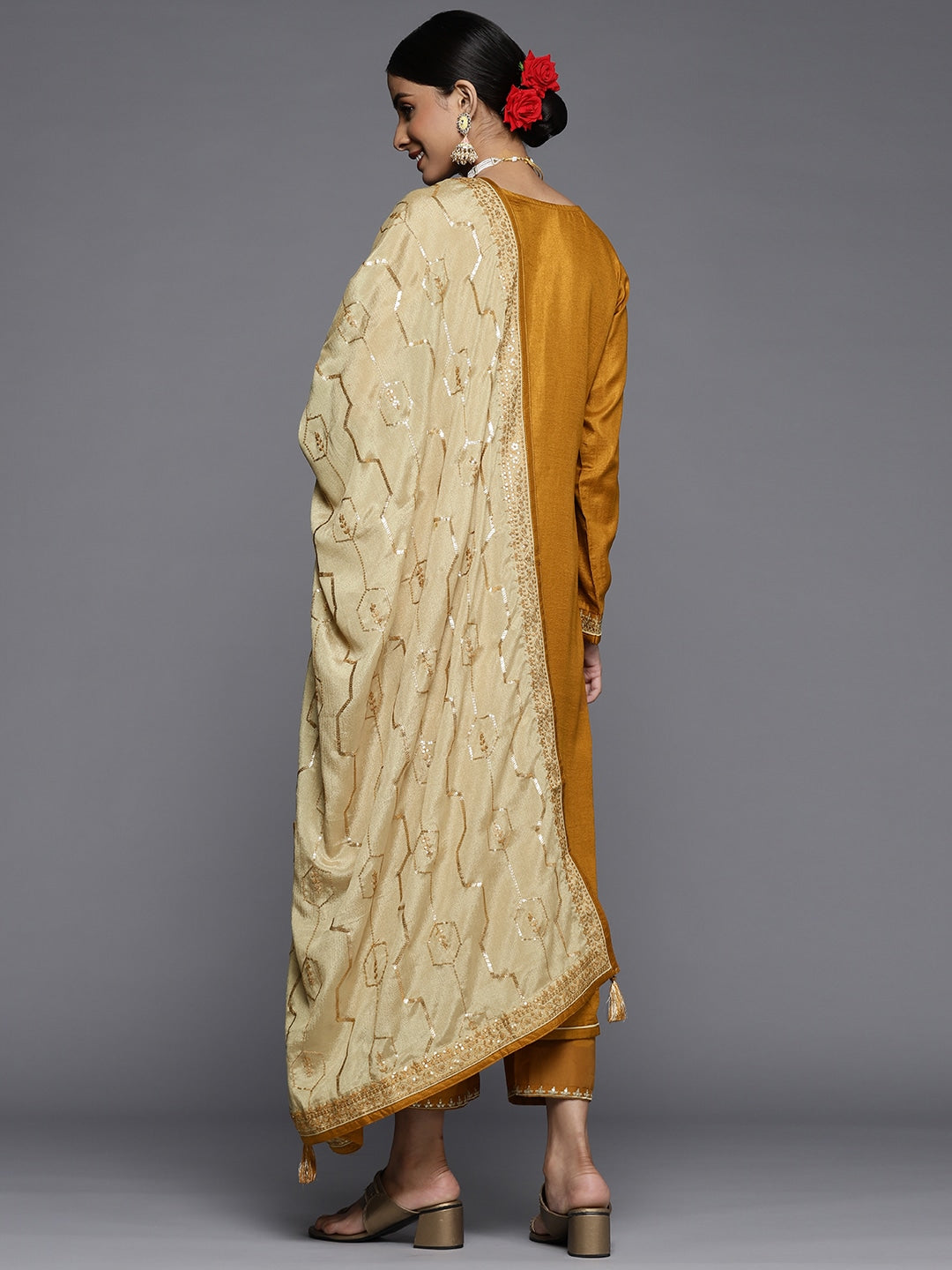 Mustard Yellow Sequinned Kurta With Trousers & Dupatta–