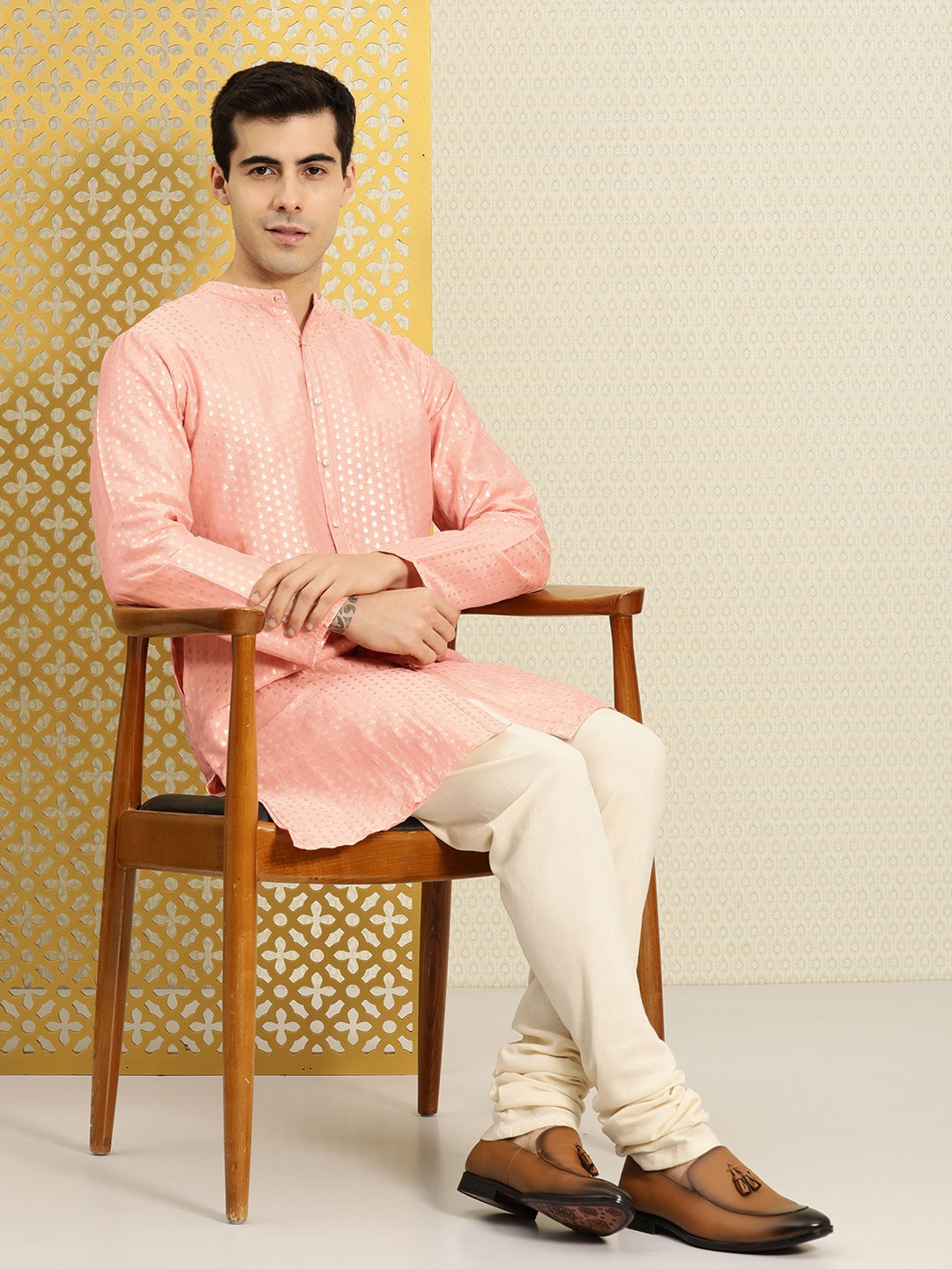 House of Pataudi Men Peach-Coloured Ethnic Motifs Printed Kurta - Distacart