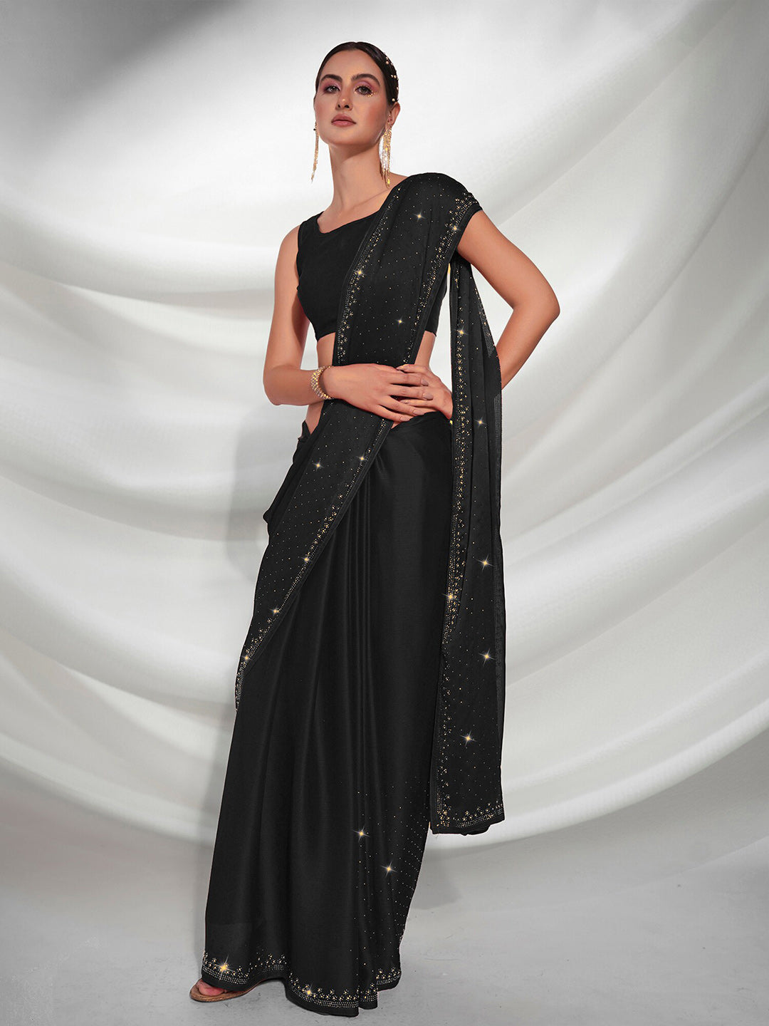 Mitera Black Embellished Beads and Stones Satin Saree - Distacart