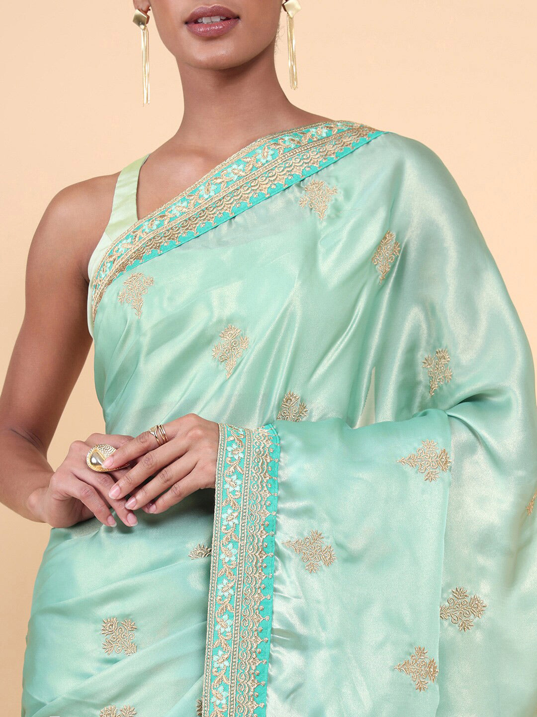 Soch Sea Green & Grey Floral Embroidered Silk Blend Tussar Saree - Distacart