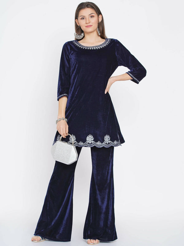 Women Republic Navy Blue Velvet Embroidered Kurta With Bellbottom Pants