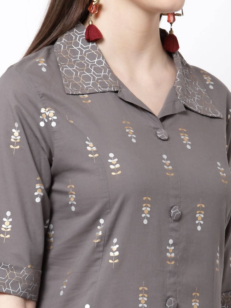 Myshka Grey Color cotton Printed Kurta With Palazzo Dupatta Set