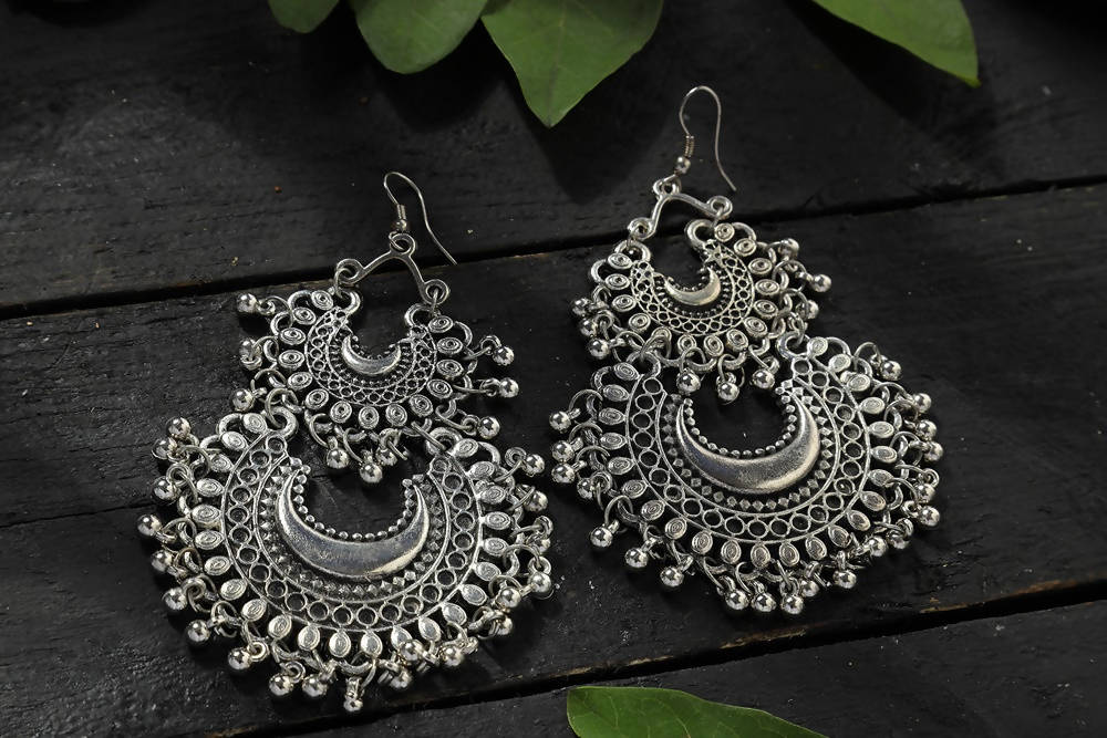 Fancy Oxidized Silver Chandbali Earrings