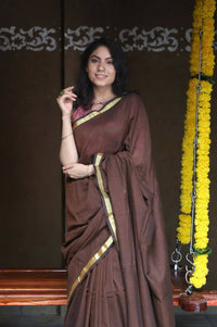 Thumbnail for Very Much Indian Pure Cotton Handloom Saree With Intricate Borders - Brown - Distacart