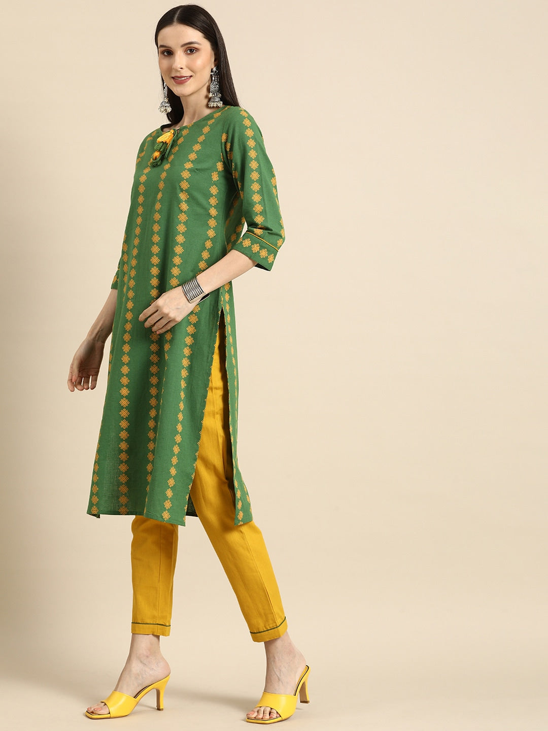 All About You Women Green Ethnic Motifs Printed Kurta with Mustard Yellow Trousers - Distacart