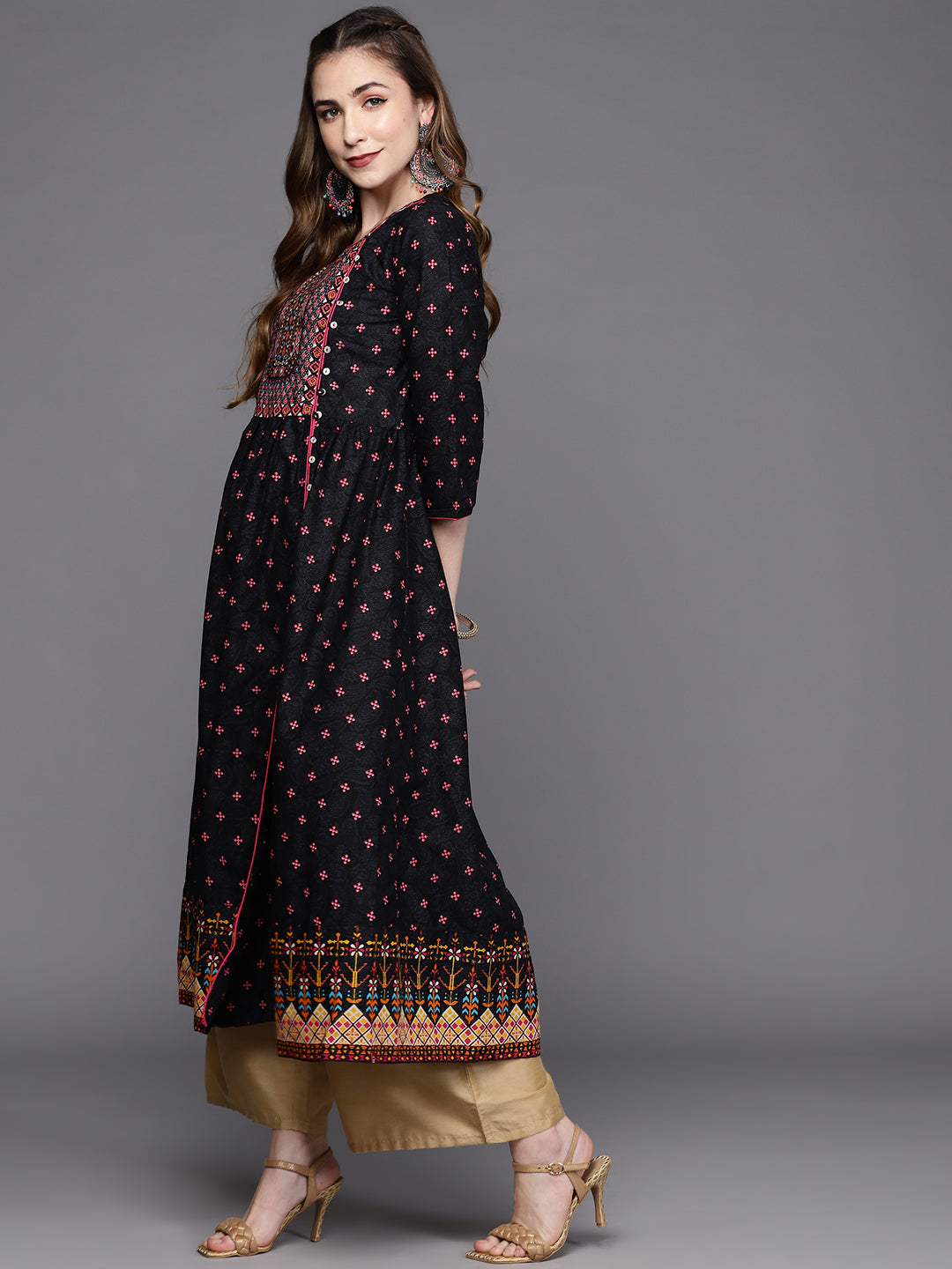 Biba Women Black & Pink Ethnic Motifs Printed Front Slit A-Line Kurta - Distacart