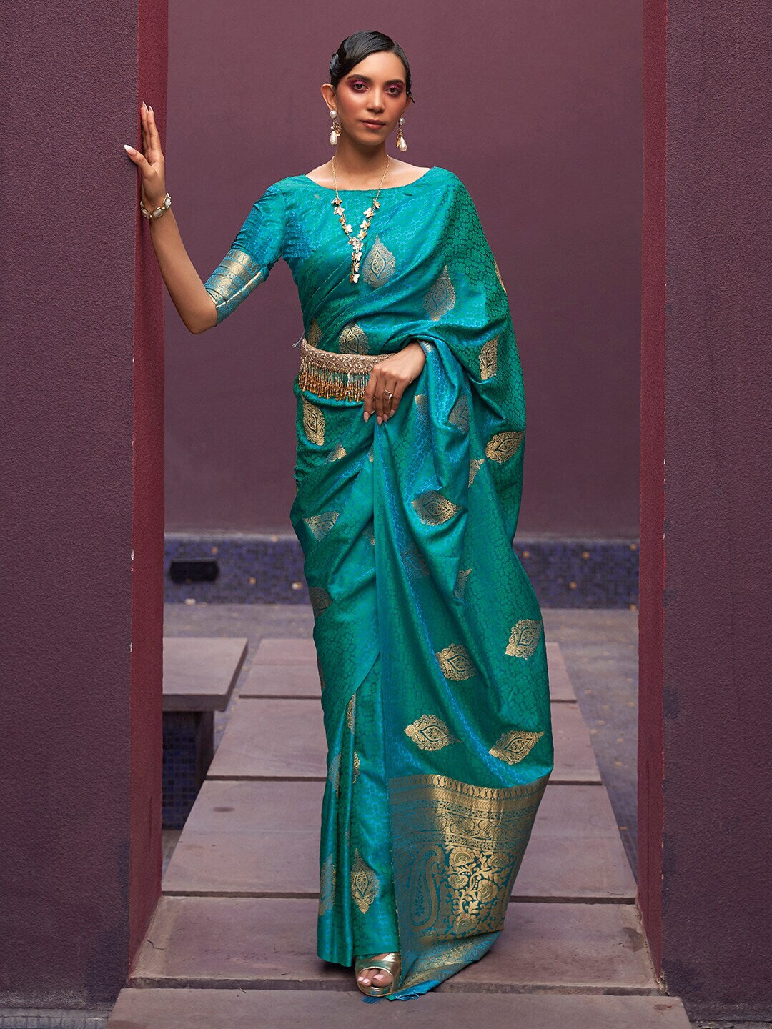 Mitera Teal & Gold-Toned Bagh Pure Silk Banarasi Saree - Distacart