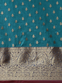 Thumbnail for Mitera Teal Blue & Golden Ethnic Motifs Banarasi Saree with Zari Border - Distacart