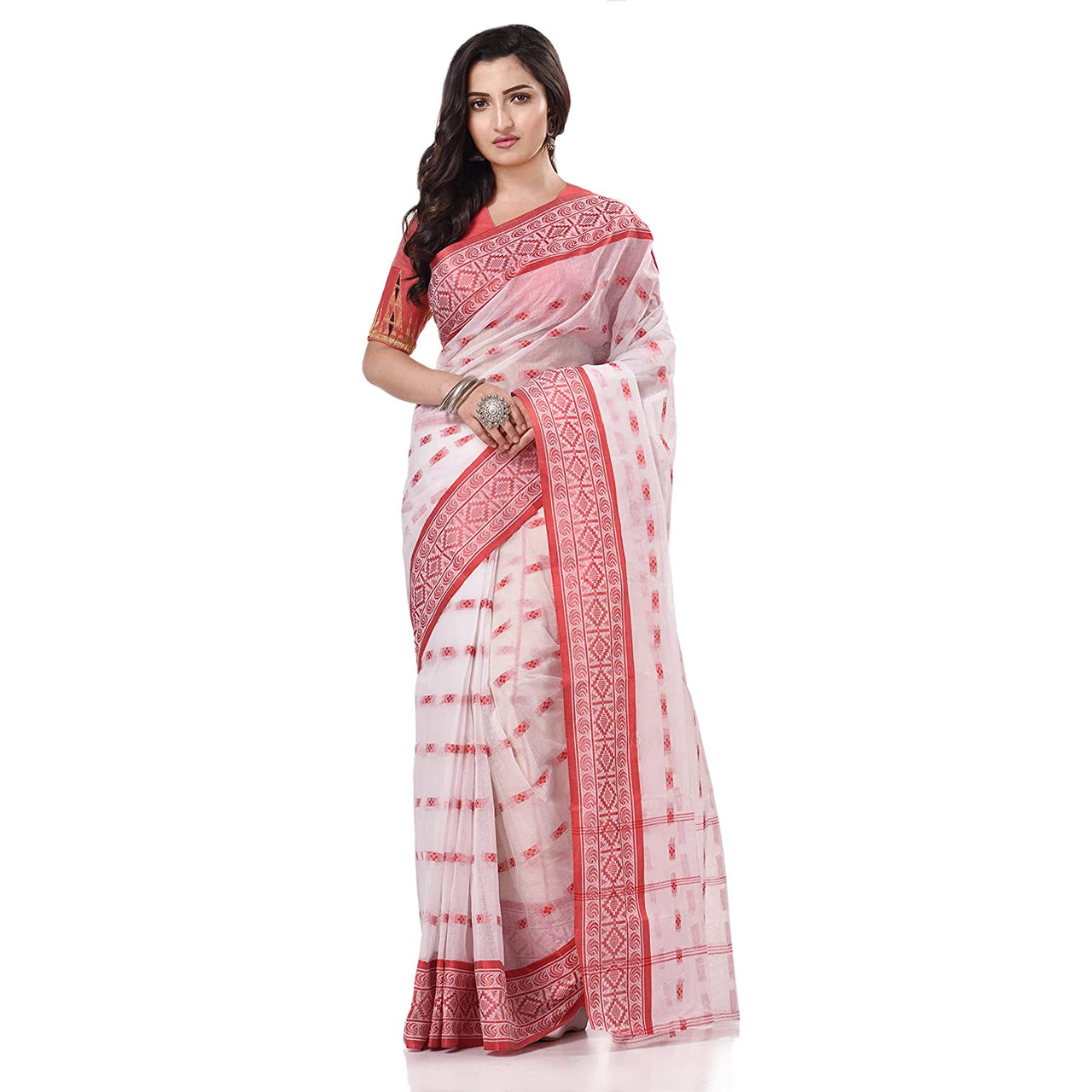 Buy Desh Bidesh Women's Traditional Bengal Tant Woven Lal Paar Sada 