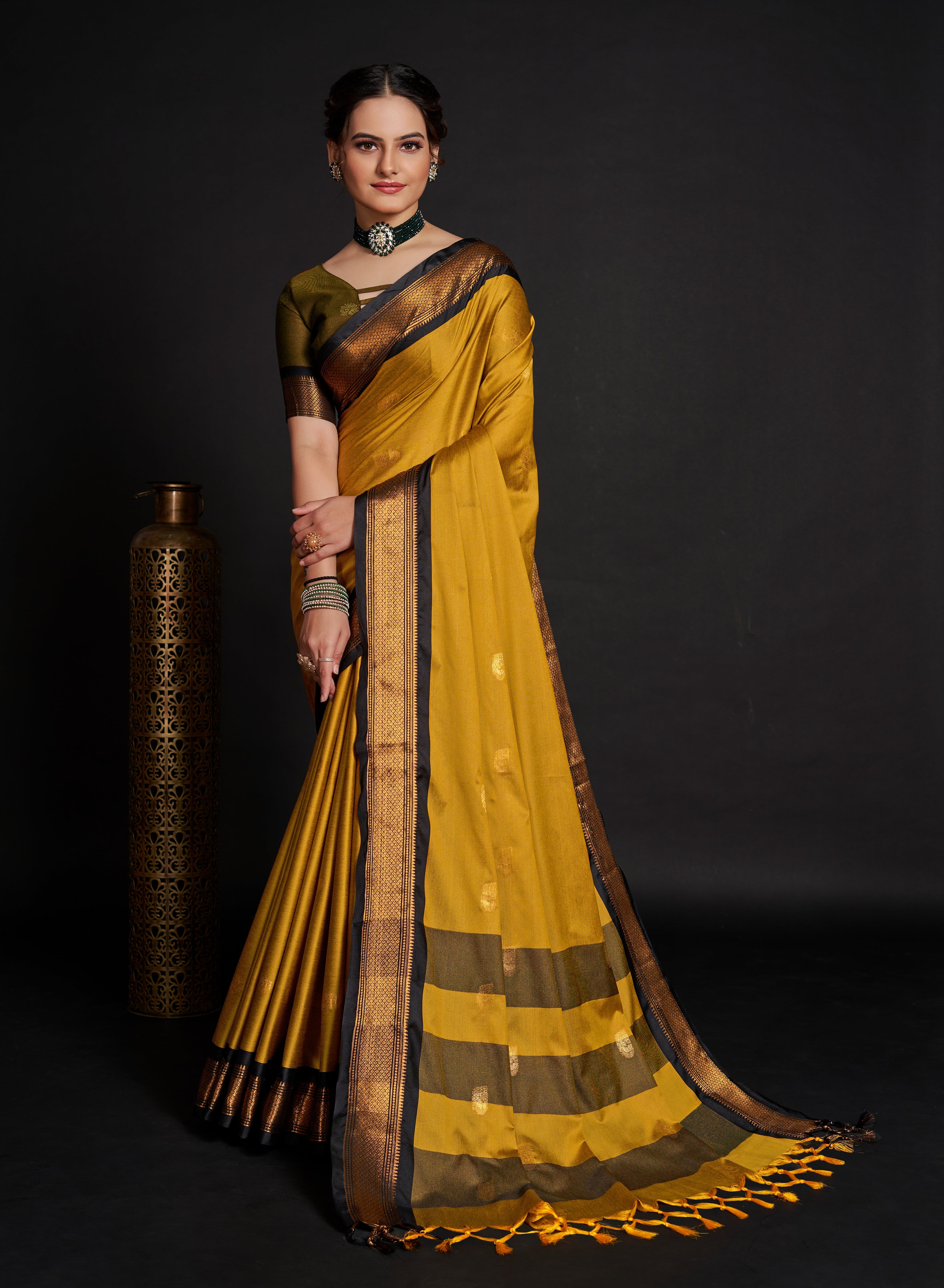 Mustard Yellow Pure Raw Silk Saree With Pink and Black Temple Borders With  Checks Handwoven Saree Gift for Her SILK MARK CERTIFIED - Etsy