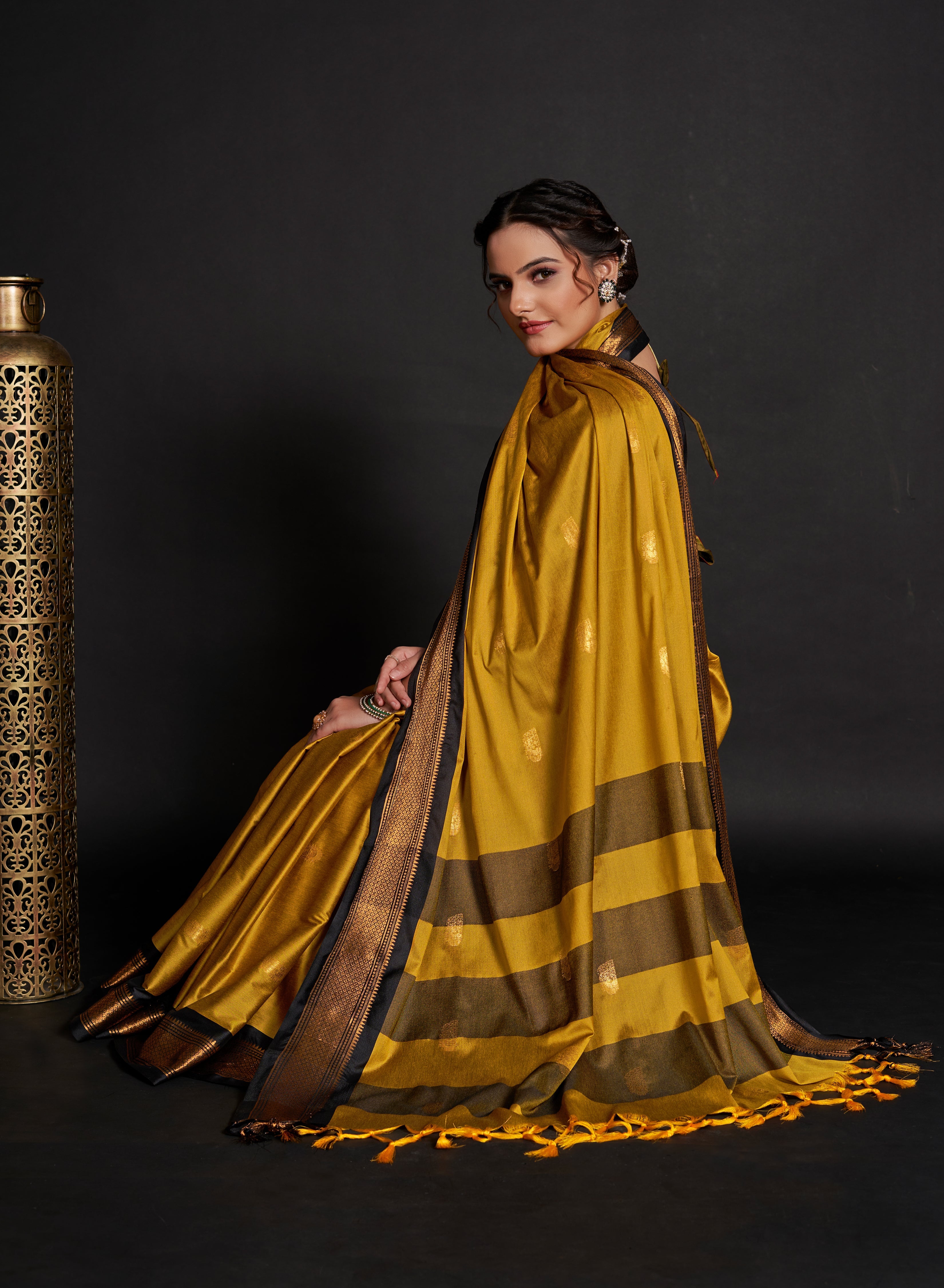 Saree for Party Wear in Silk Mustard Yellow with Zari embroidery