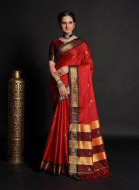 Thumbnail for NOZ2TOZ Women's Party Wear Plain Banarasi Silk Red colour Saree with Zari Border Work - Distacart