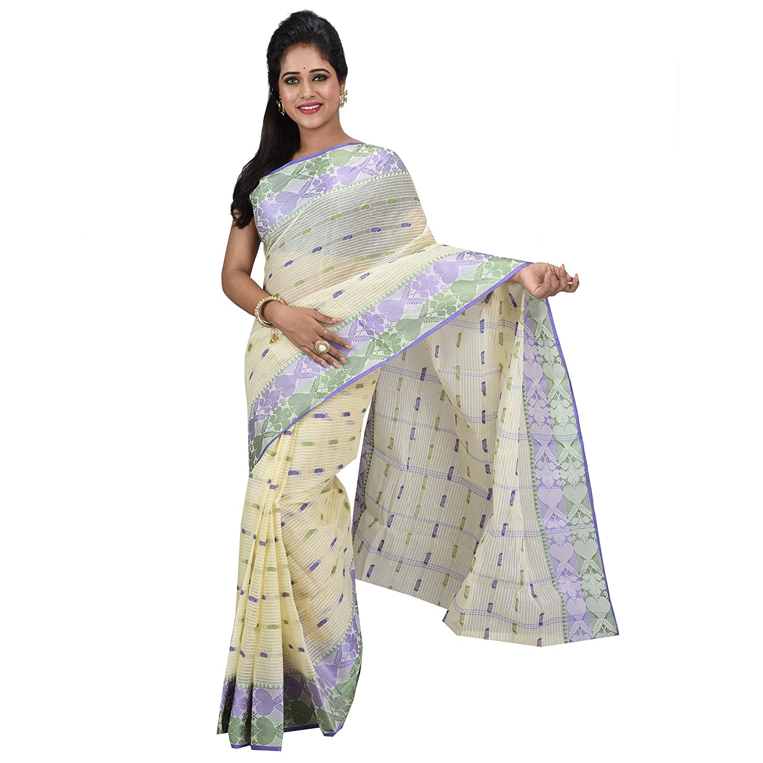 Niharika Collections Women Pure Cotton Bengali Kalash Embroidery Tant Saree  (Light Green) : Amazon.in: Fashion