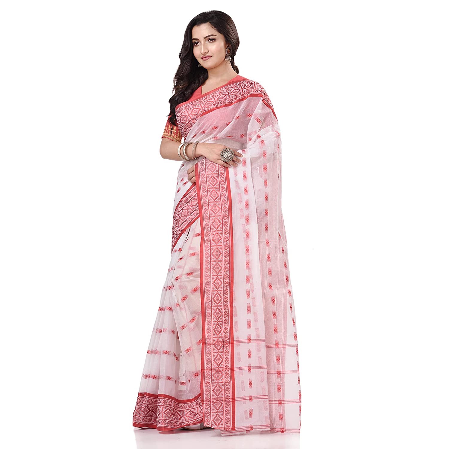 Buy Aishwarya Sarees Women's Handloom Gorod Saree In Off - White And Red  Colour With Blouse Piece. Garad Lal Sada Bengali Style Saree. at Amazon.in