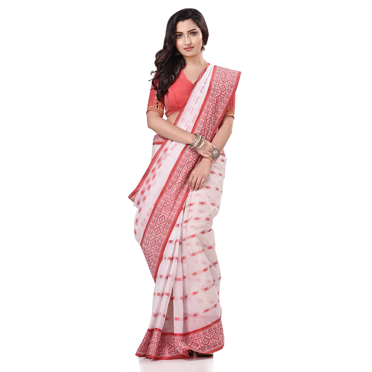 Desh Bidesh Women's Traditional Bengal Tant Woven Lal Paar Sada Design Pure Handloom Cotton Saree Without Blouse Piece - Distacart