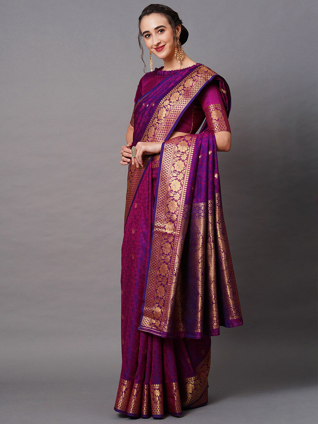 Mitera Magenta & Purple Woven Design Silk Blend Banarasi Saree - Distacart