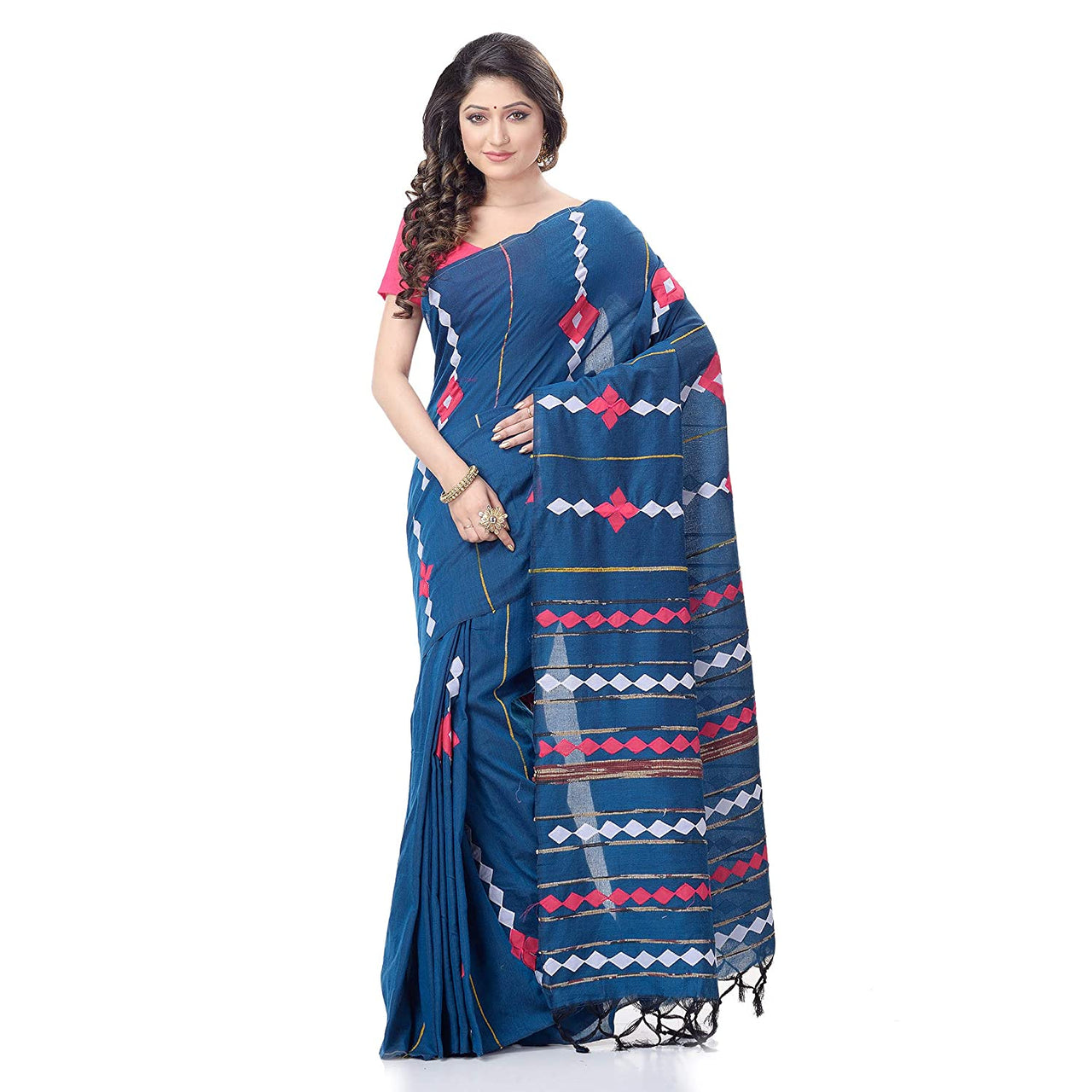 Desh Bidesh Women's Bengali Khesh Pure Cotton Handloom Saree Diamond Designed With Blouse Piece - Distacart