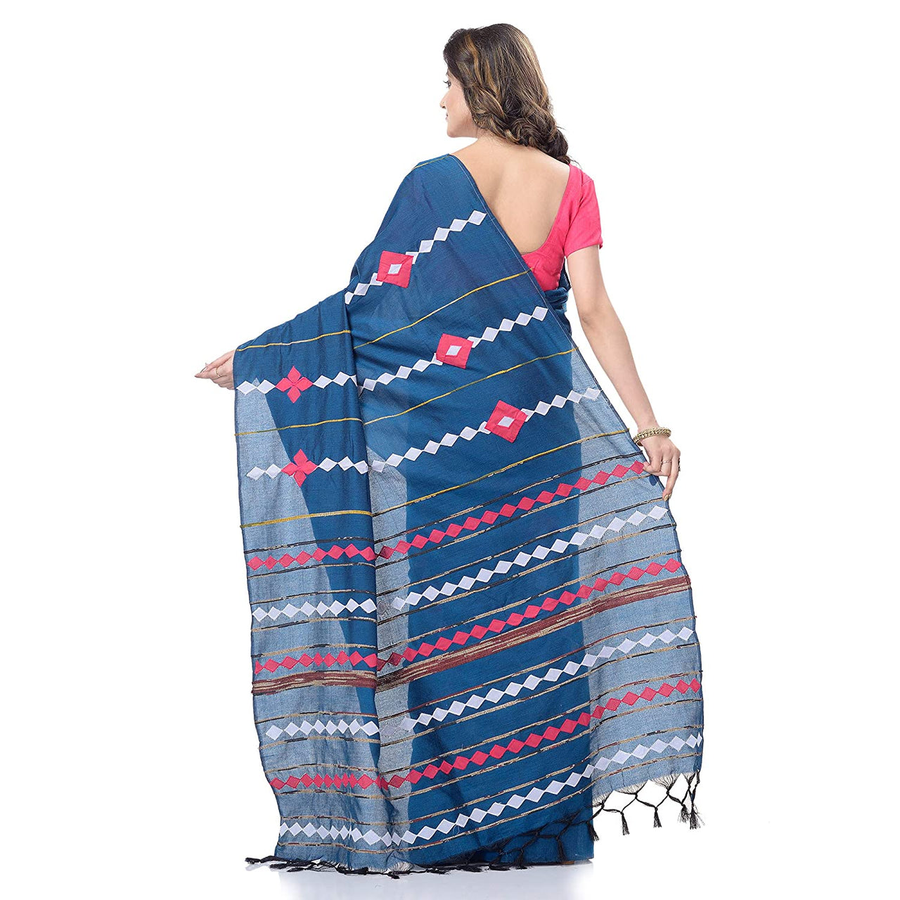 Desh Bidesh Women's Bengali Khesh Pure Cotton Handloom Saree Diamond Designed With Blouse Piece - Distacart