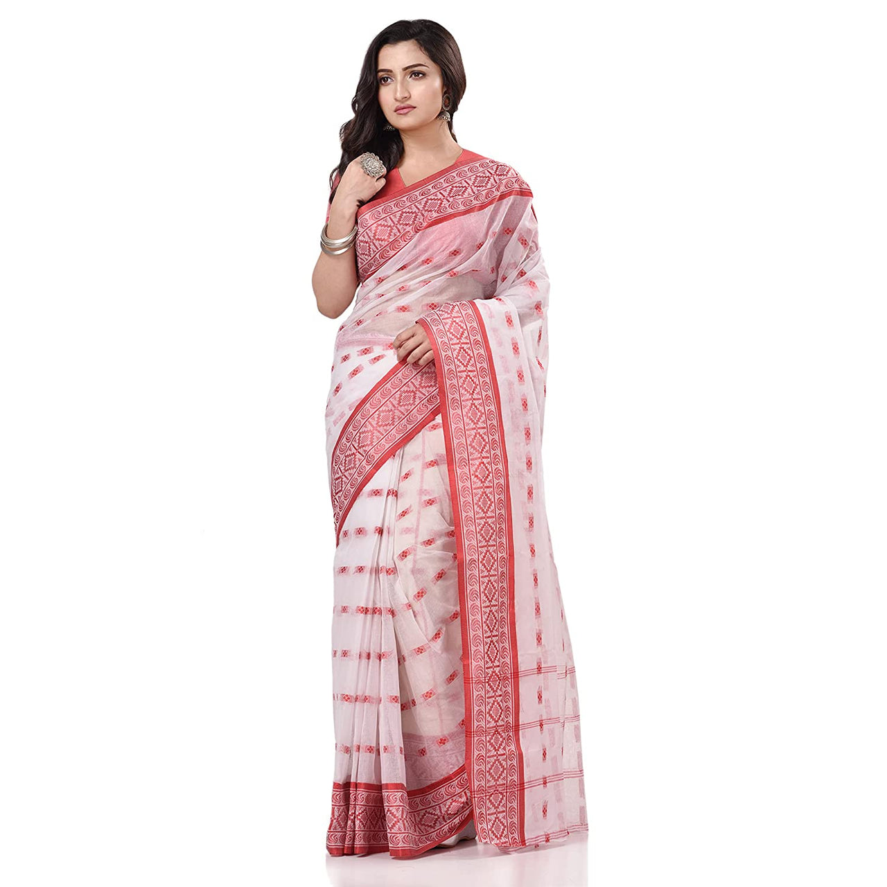 Desh Bidesh Women's Traditional Bengal Tant Woven Lal Paar Sada Design Pure Handloom Cotton Saree Without Blouse Piece - Distacart