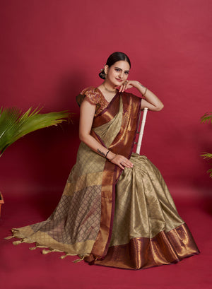 Light Brown Linen Saree With Weaving Work – Bahuji - Online Fashion &  Lifestyle Store
