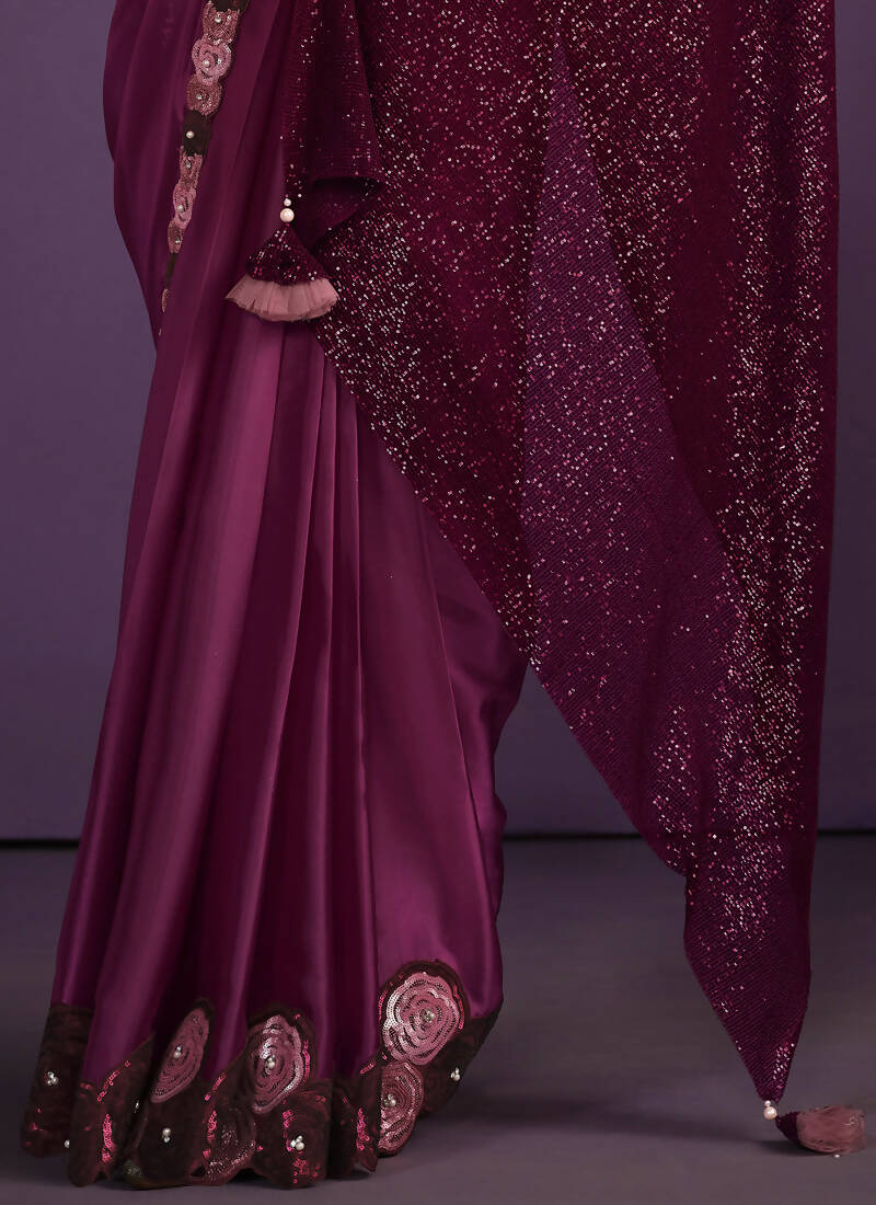 Purple Crepe Satin Silk Embroidered Saree With Stitched Blouse - Mohmanthan Exotica - Distacart