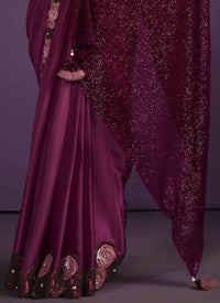 Thumbnail for Purple Crepe Satin Silk Embroidered Saree With Stitched Blouse - Mohmanthan Exotica - Distacart