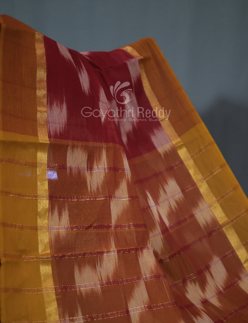 Dual Shades of Maroon And Chikoo Mangalagiri Ikkat Cotton Saree By Gayathri Reddy Designer Studio - Distacart