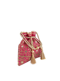 Thumbnail for Masq Pink & Gold-Toned Embellished Embroidered Potli Clutch - Distacart
