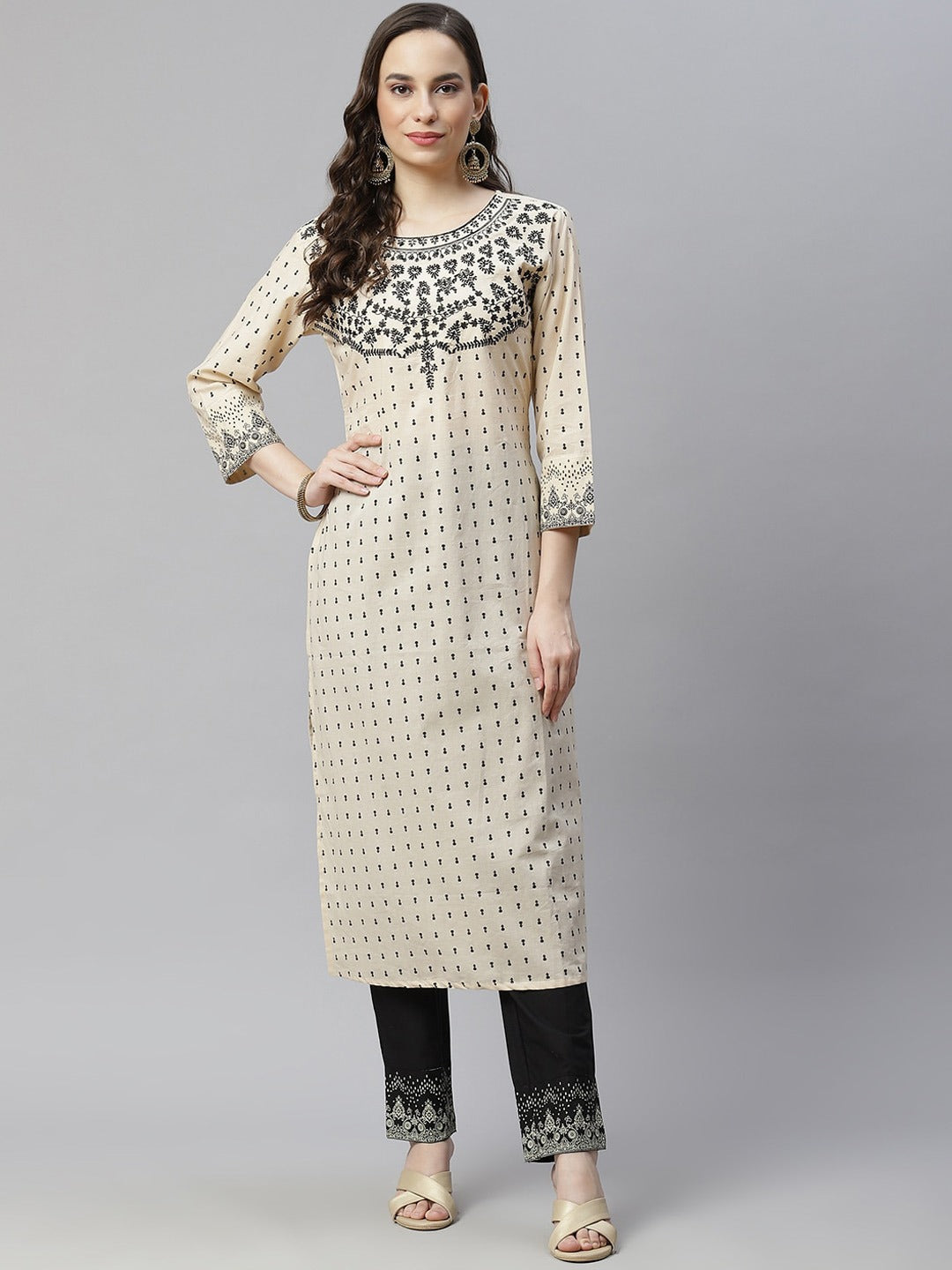 NOZ2TOZ Women Ethnic Motifs Embroidered Cotton Straight Kurta - Beige - Distacart