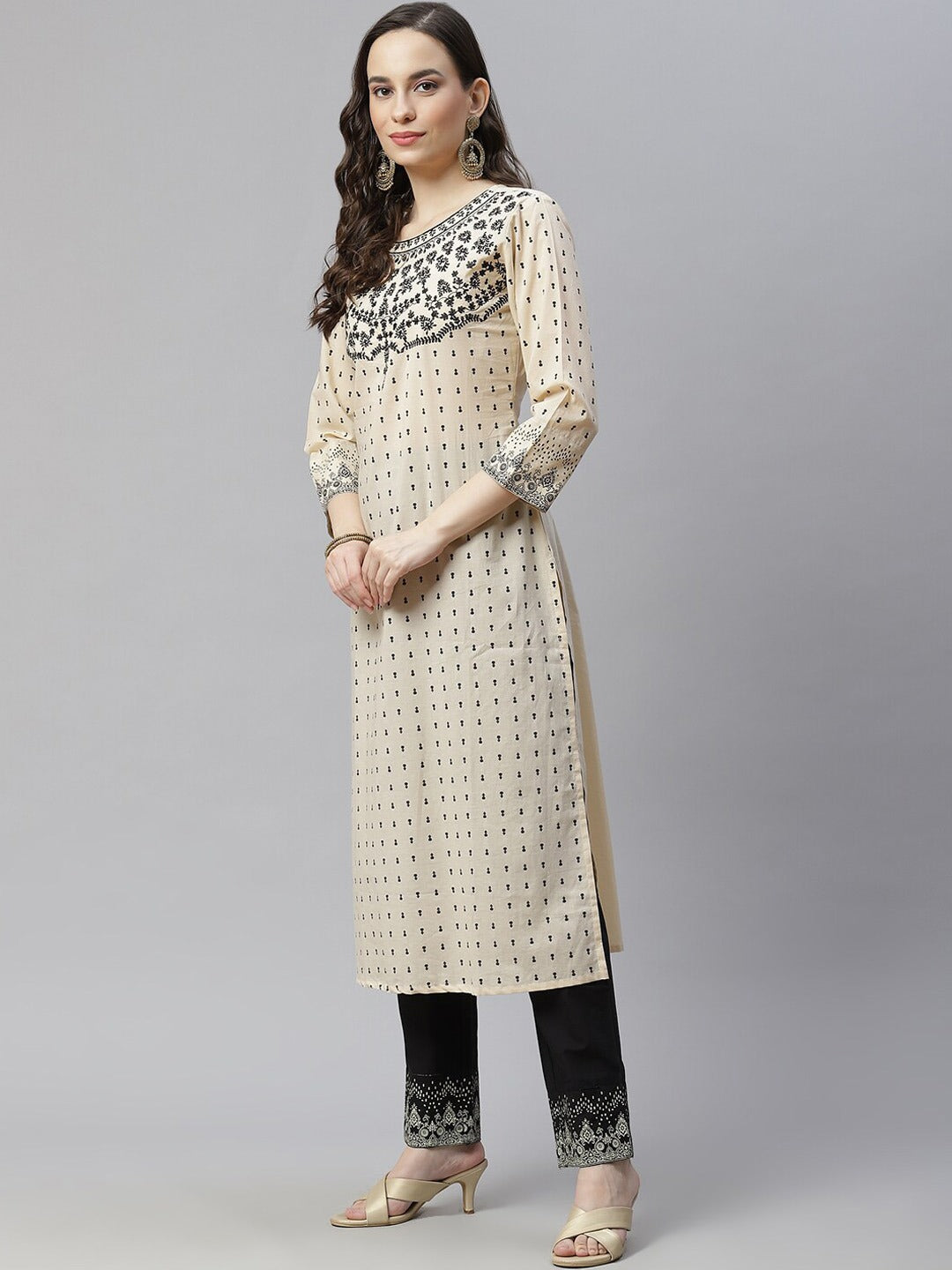 NOZ2TOZ Women Ethnic Motifs Embroidered Cotton Straight Kurta - Beige - Distacart