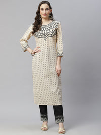 Thumbnail for NOZ2TOZ Women Ethnic Motifs Printed Regular Thread Work Pure Cotton Kurta with Trousers - Beige - Distacart