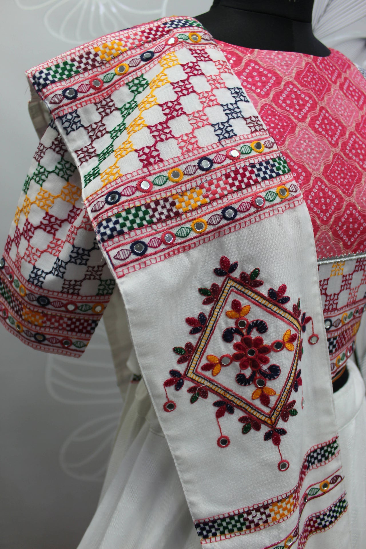 White Jacqard Cotton Thread Embroidered Navratri Lehenga Choli with Dupatta - Raas - Distacart
