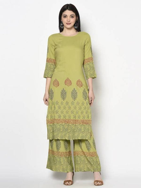 Aniyah Rayon Parrot Green Color Block Print Straight Kurta (AN-198K)