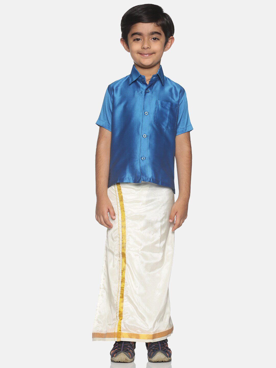 Sethukrishna Boys Blue & White Shirt with Veshti Set - Distacart