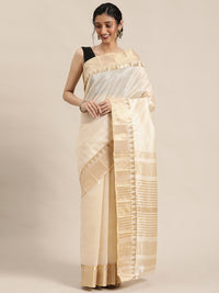 Thumbnail for Kalini Cream-Coloured & Golden Striped Zari Silk Cotton Solid Saree - Distacart