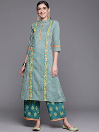 Thumbnail for Biba Women Teal Green & Off-White Printed Pure Cotton Kurta with Palazzos - Distacart