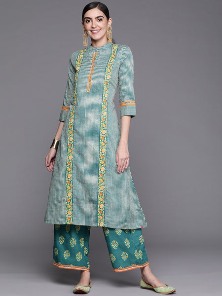 Biba Women Teal Green & Off-White Printed Pure Cotton Kurta with Palazzos - Distacart