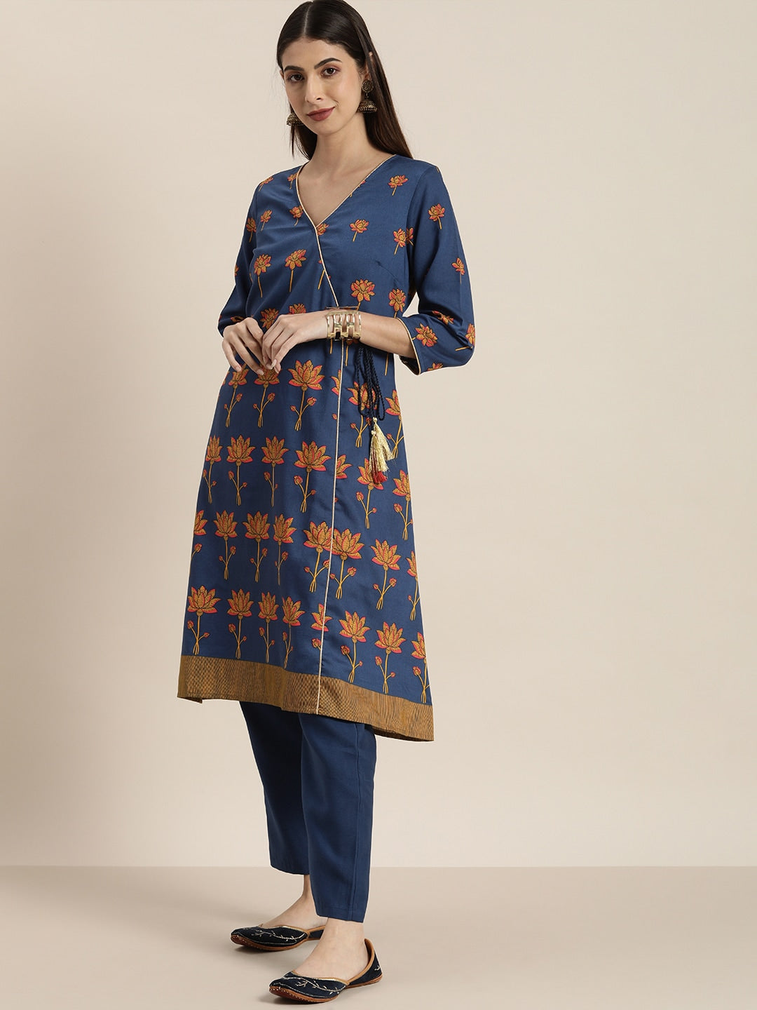 All About You Women Blue Floral Printed Angrakha Kurta with Trousers - Distacart