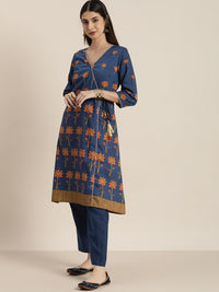 Thumbnail for All About You Women Blue Floral Printed Angrakha Kurta with Trousers - Distacart