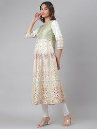 Thumbnail for NOZ2TOZ Women Ethnic Motifs Printed Round Neck Cotton Anarkali Kurta - Green - Distacart