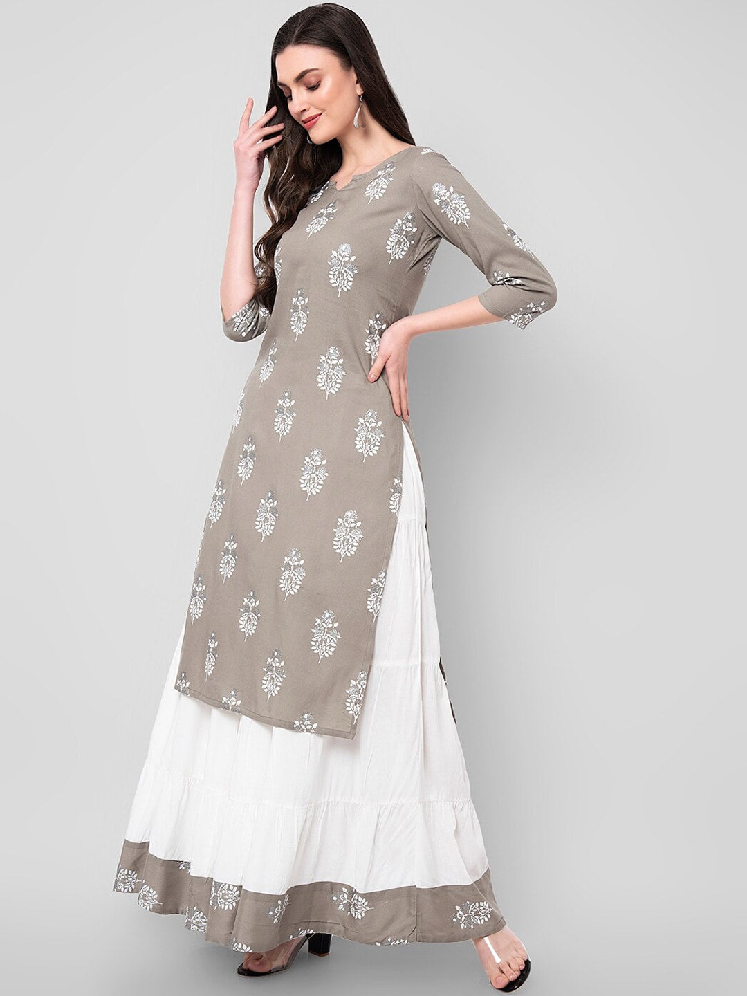 Kalini Women Grey Ethnic Motifs Printed Kurta with Skirt - Distacart