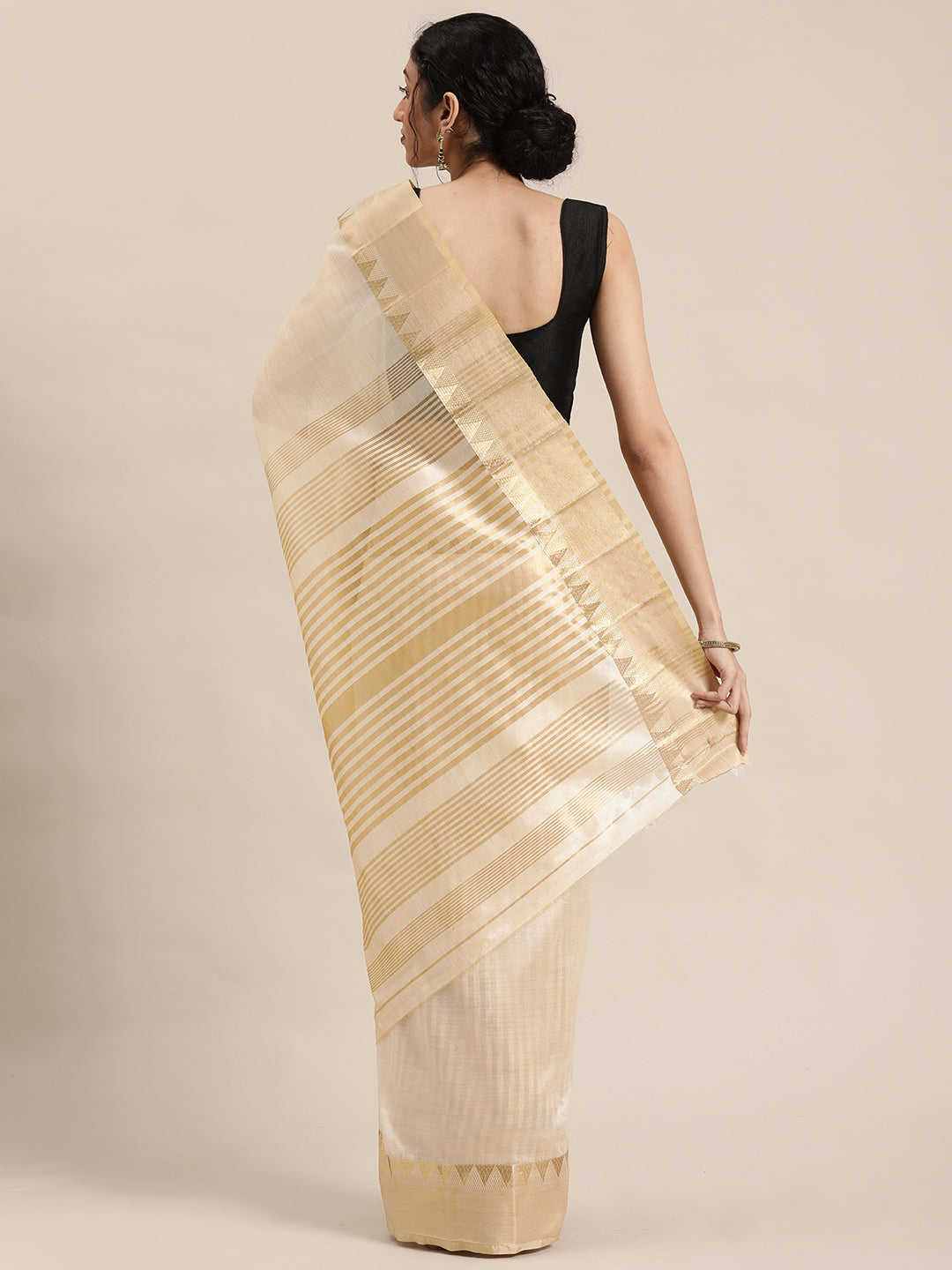 Kalini Cream-Coloured & Golden Striped Zari Silk Cotton Solid Saree - Distacart