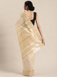 Thumbnail for Kalini Cream-Coloured & Golden Striped Zari Silk Cotton Solid Saree - Distacart